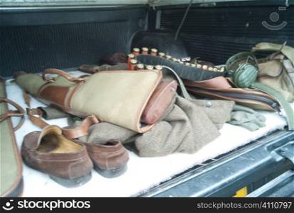 Hunting equipment in back of car, Berwickshire, Scotland