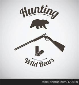 Hunting Vintage Emblem. Opened Hunting Gun With Ammo and Wild Bear Silhouette. Dark Brown Retro Style.  Vector Illustration. 