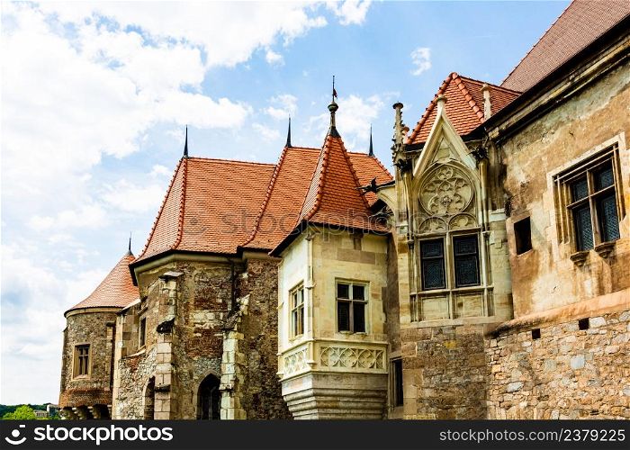 Hunyad Castle - Corvin&rsquo;s Castle in Hunedoara, Romania, 2020. Exterior architectural detail.