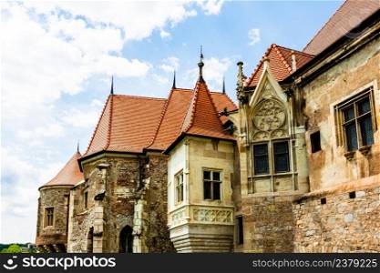 Hunyad Castle - Corvin&rsquo;s Castle in Hunedoara, Romania, 2020. Exterior architectural detail.