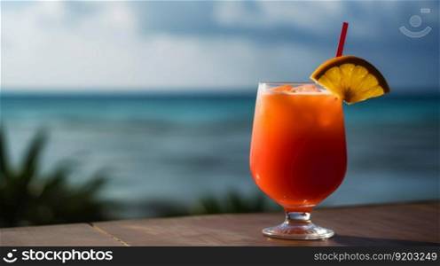 Hurricane cocktail on background with blue sea and sky tropical background. Generative AI.. Hurricane cocktail on background with blue sea and sky tropical background. Generative AI