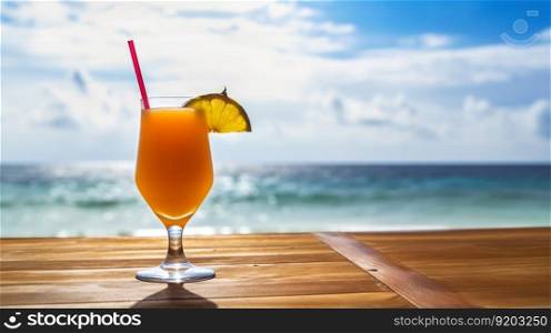 Hurricane cocktail on background with blue sea and sky tropical background. Generative AI.. Hurricane cocktail on background with blue sea and sky tropical background. Generative AI
