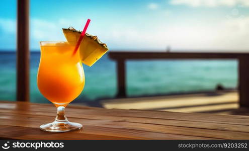 Hurricane cocktail on background with blue sea and sky tropical background. Generative AI.. Hurricane cocktail on background with blue sea and sky tropical background. Generative AI