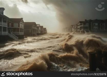 Hurricane storm surge hitting coastal settlement. Generative AI.. Storm surge hitting the coast during a hurricane