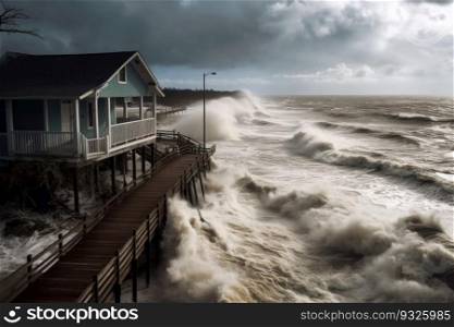 Hurricane storm surge hitting this coastal settlement. Generative AI.. Hurricane storm surge hitting the coastal settlement 
