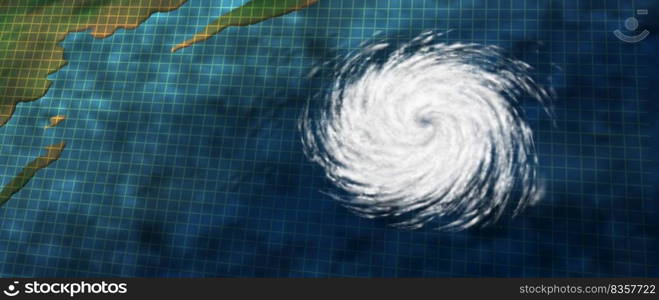 Hurricane Tropical Cyclone or typhoon graphic with as a dangerous natural disaster weather system off an ocean coast  as a rotating storm system in a 3D illustration style.