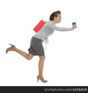 Hurry business woman with folder and cup running