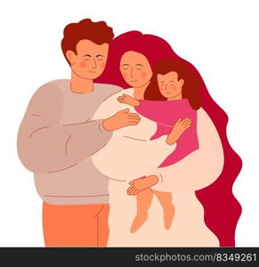 Husband hugs his wife. A young woman holds her little daughter in her arms. Happy motherhood and fatherhood. Portrait of a happy family.. Husband hugs his wife. A young woman holds her little daughter in her arms.