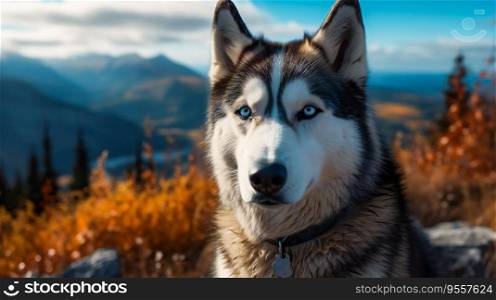 Husky with Piercing Blue Eyes in the Alaska Wilderness. AI Generated