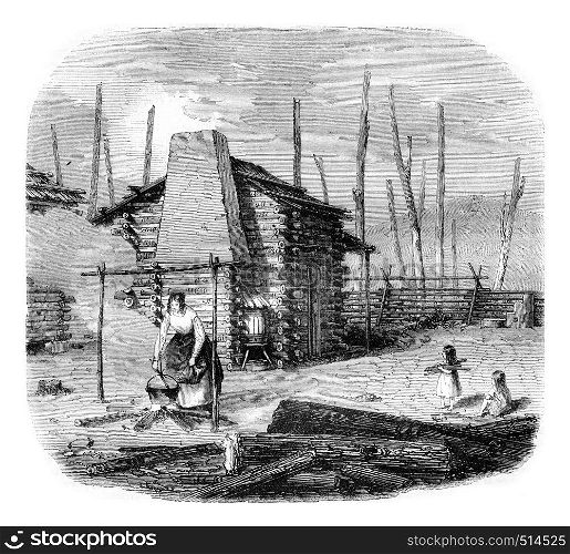 Hut American pioneers, vintage engraved illustration. Magasin Pittoresque 1844.