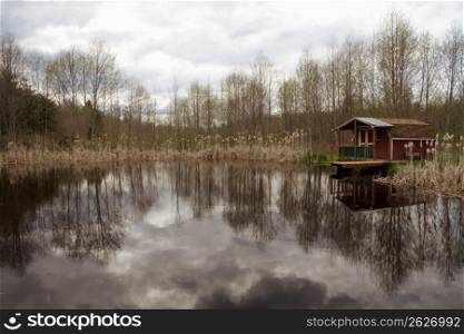 Hut by lake