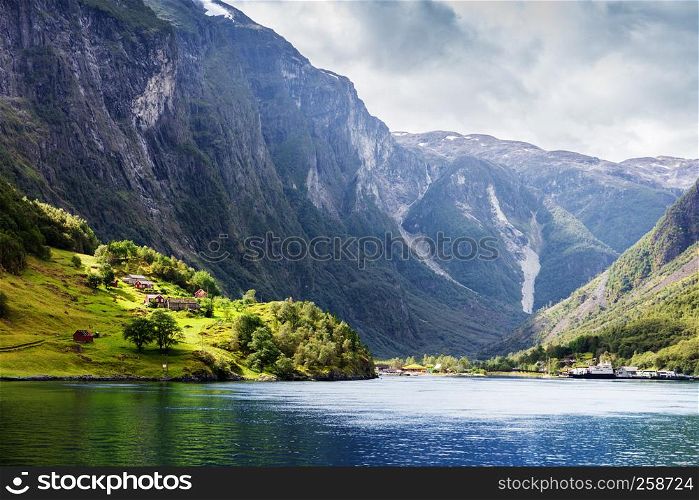 huts and houses on the fjord in Norway.