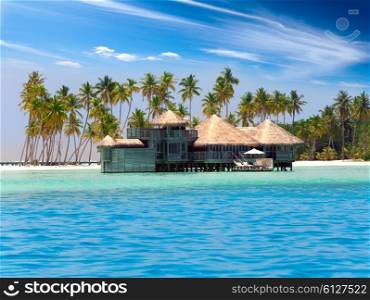Huts in the sea and a palm tree