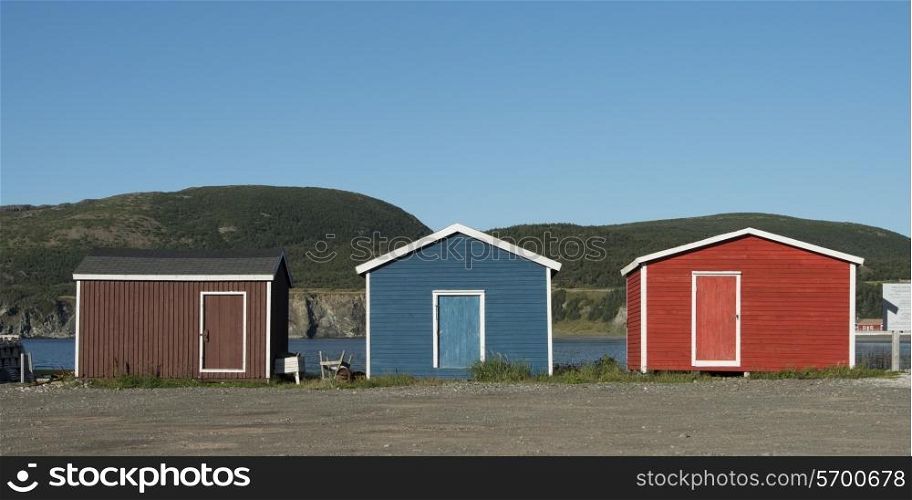 Huts on beach, Southeast Brook Falls, Gros Morne National Park, Newfoundland and Labrador, Canada