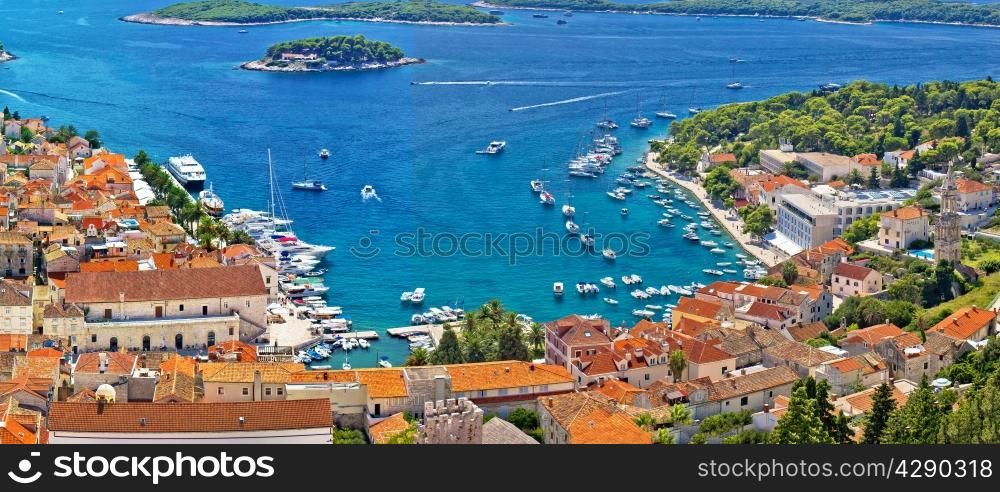 Hvar bay and yacht harbor aerial panoramic view