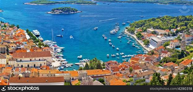 Hvar bay and yacht harbor aerial panoramic view