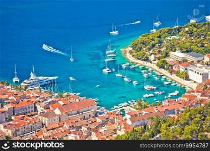 Hvar bay and yachting harbor aerial panoramic view, Dalmatia archipelago of Croatia