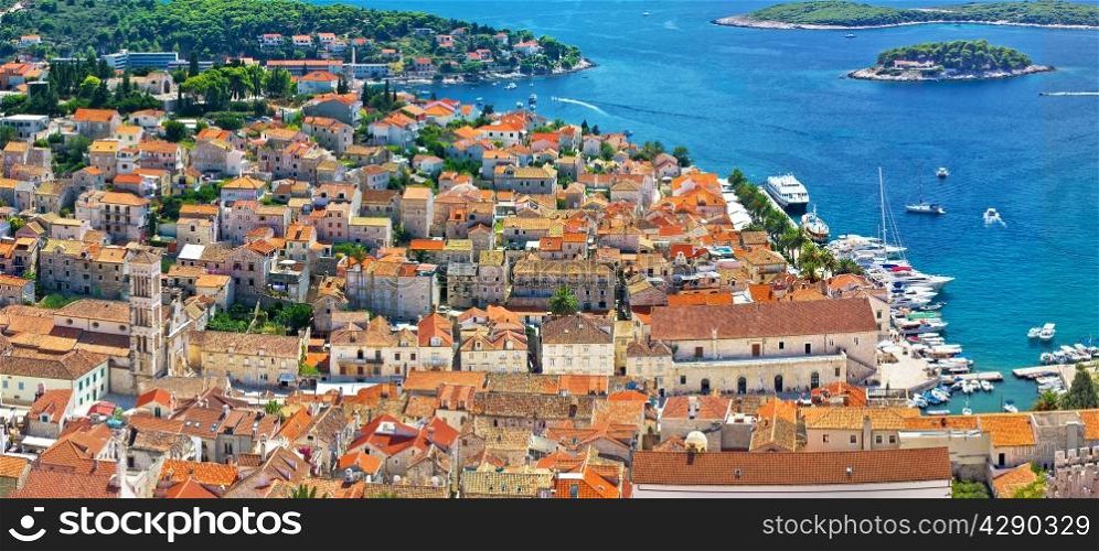 Hvar island old historic center aerial panoramic view, Dalmatia, Croatia