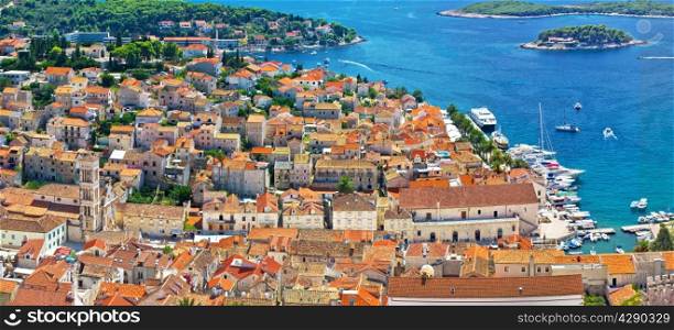 Hvar island old historic center aerial panoramic view, Dalmatia, Croatia
