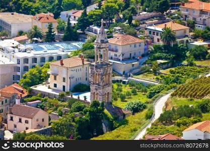 Hvar old stone church tower aerial view, Dalmatia, Croatia