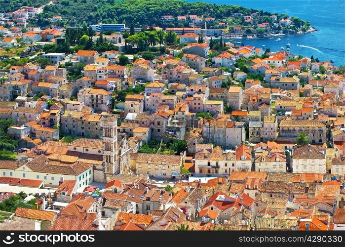 Hvar old town center aerial view, Dalmatia, Croatia