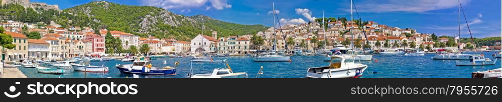 Hvar yachting harbor and historic architecture panoramic view, Dalmatia, Croatia
