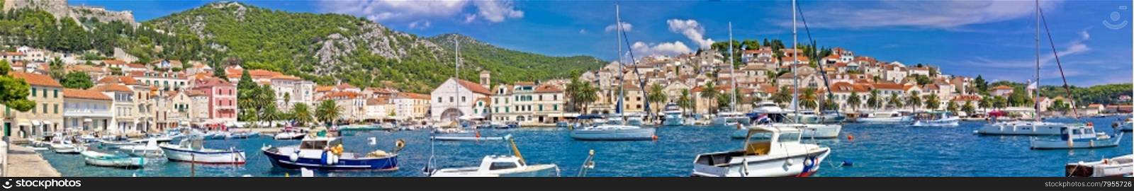 Hvar yachting harbor and historic architecture panoramic view, Dalmatia, Croatia