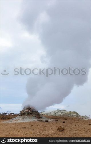 Hverir (Hverarond), the geothermal area, is a popular tourist attraction at Lake Myvatn, Krafla northeastern region of Iceland, Europe.