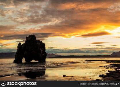 Hvitserkur the famous rock in the ocean in Iceland at sunrise. Hvitserkur in Iceland at sunrise