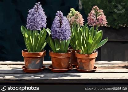 Hyacinth flower pot on table. Natural garden. Generate Ai. Hyacinth flower pot on table. Generate Ai