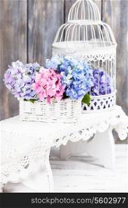 Hydrangea flowers in the white basket. Flower decor for the home