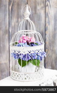 Hydrangea flowers in the white birdcage. Flower decor for the home. Hydrangea flowers