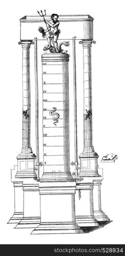 Hydro-magnetic Clock Fountain P Valentin Stansel, vintage engraved illustration. Magasin Pittoresque 1847.