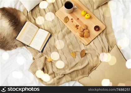 hygge and cozy home concept - cookies, lemon tea, book and leaves in bed. cookies, lemon tea, book and leaves in bed
