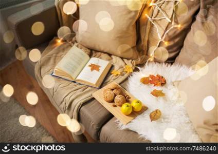 hygge and cozy home concept - lemons, book, almond nuts and oatmeal cookies on sofa. lemons, book, almond and oatmeal cookies on sofa