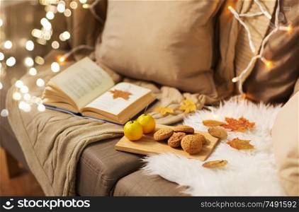 hygge and cozy home concept - lemons, book, almond nuts and oatmeal cookies on sofa. lemons, book, almond and oatmeal cookies on sofa