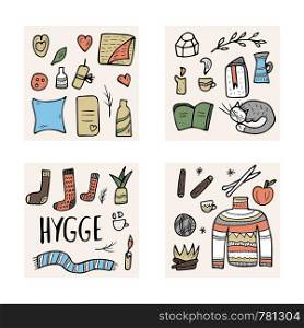 Hygge square cards. Vector isolated symbols of comfort. Danish living concept.
