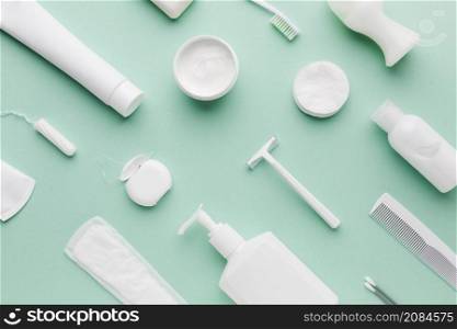 hygiene products arrangement flat lay