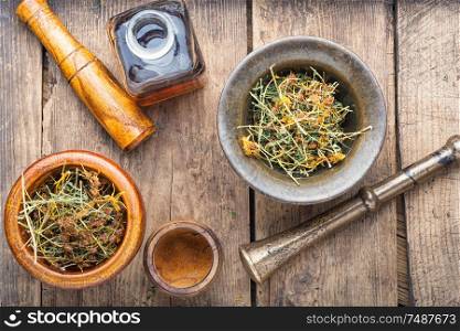 Hypericum perforatum.Healing herbs on wooden table.Medicinal plant. Dry yellow flowers Hypericum