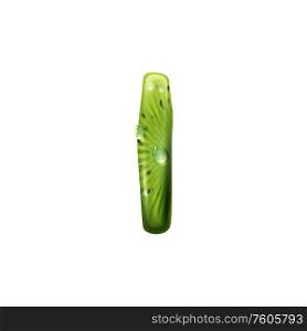 I capital letter of summer exotic fruit kiwi isolated. Vector green juicy alphabet symbol. Letter I of tropical kiwi fruits and water drops