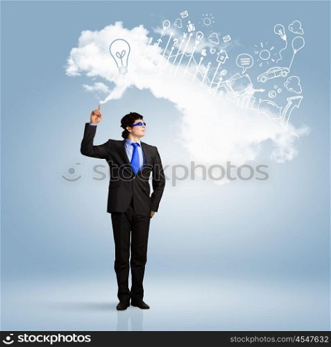I have idea. Image of young businessman wearing goggles. Idea concept