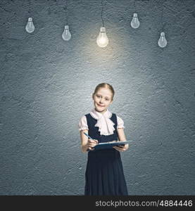 I have idea. Little cute girl and electric bulbs hanging above