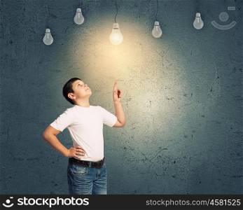 I have idea. School boy and electric bulbs hanging above