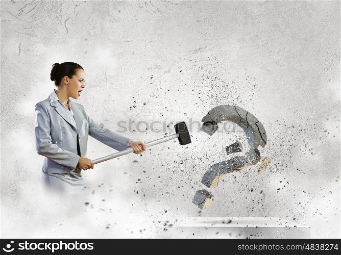 I have no doubt. Image of businesswoman destroying with arm stone question mark