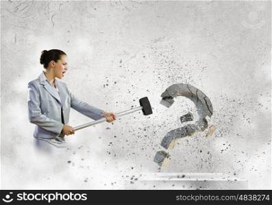 I have no doubt. Image of businesswoman destroying with arm stone question mark