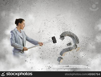 I have no doubt. Image of businesswoman destroying with arm stone question mark