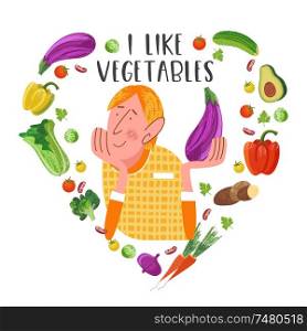 I like vegetables. Vector illustration on white background. Vegetarian surrounded by delicious colorful vegetables. Illustration in the form of a heart.. Happy world vegetarian day. Vector illustration with hand drawn unique textures.