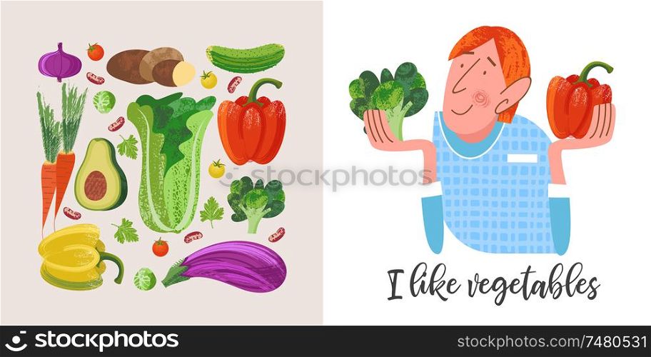 I like vegetables. Vegetarian holding broccoli and red pepper. Vector illustration on white background. Colorful vegetables with unique hand drawn texture.. Happy world vegetarian day. Vector illustration with hand drawn unique textures.