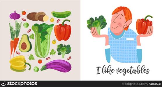I like vegetables. Vegetarian holding broccoli and red pepper. Vector illustration on white background. Colorful vegetables with unique hand drawn texture.. Happy world vegetarian day. Vector illustration with hand drawn unique textures.