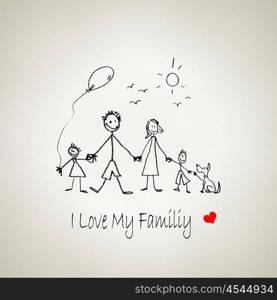 I love my family. Sketch funny image of happy parents and children